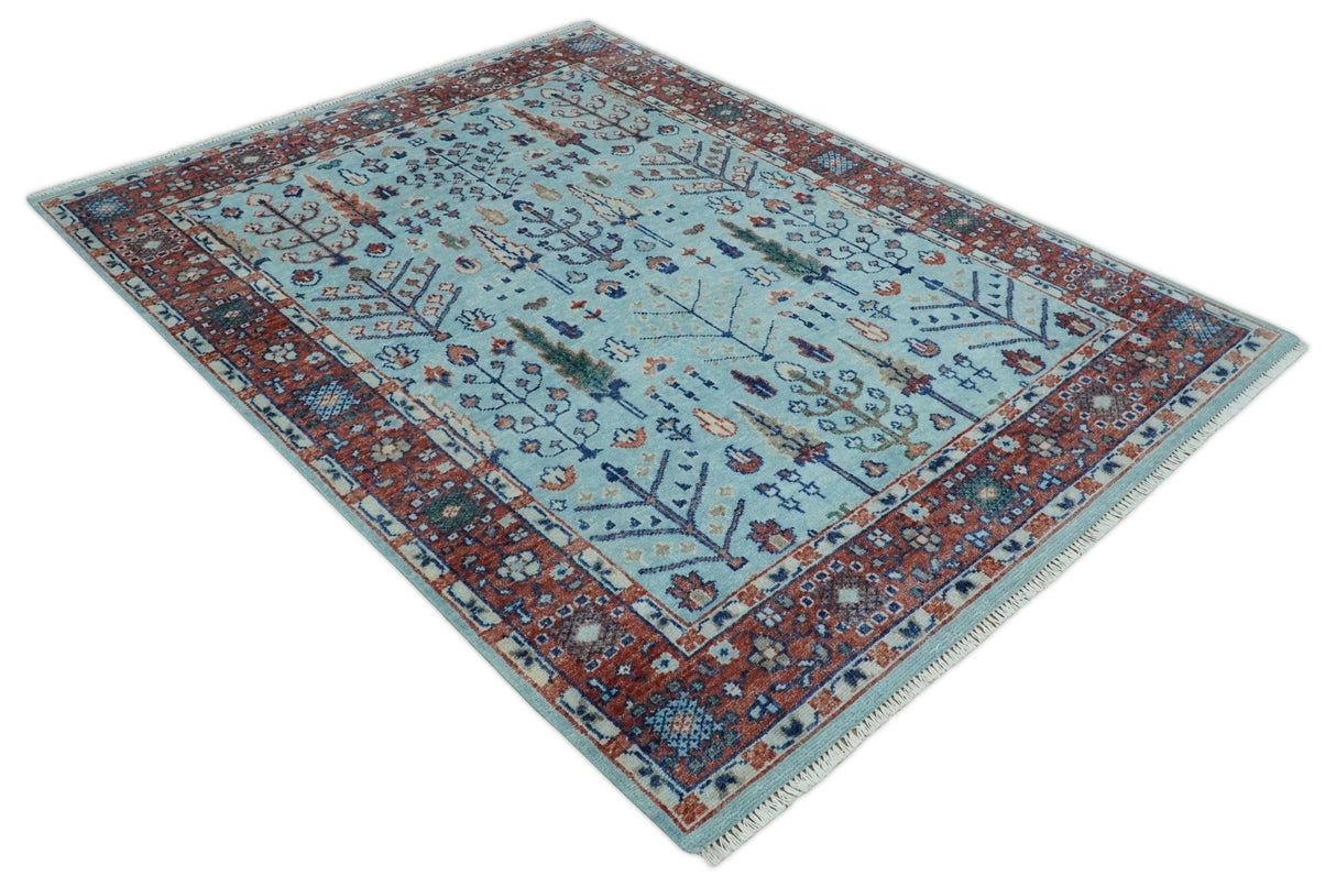 Tree of Life Hand Knotted Blue and Rust Oushak Custom Made Wool Rug