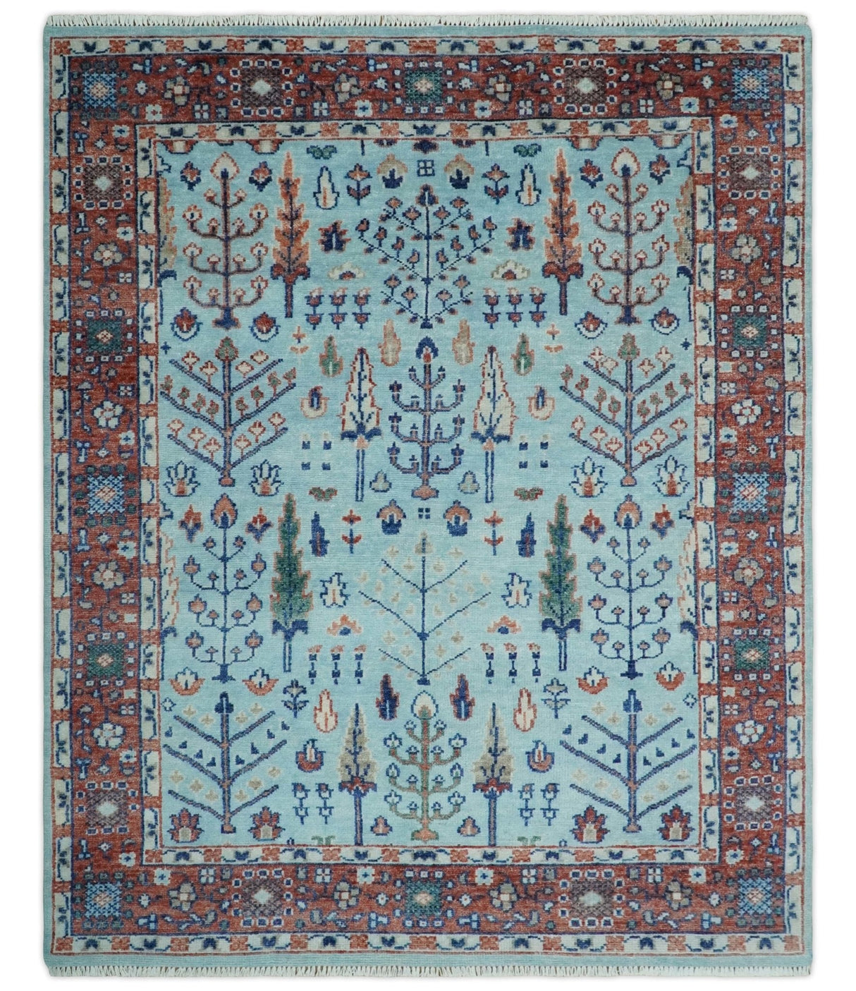 Tree of Life Hand Knotted Blue and Rust Oushak Custom Made Wool Rug