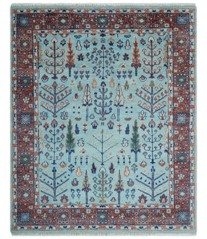 Tree of Life Hand Knotted Blue and Rust Oushak Custom Made Wool Rug