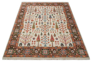 Tree of Life 8x10 Hand Knotted Ivory, Brown and Rust Traditional Oushak Wool Rug