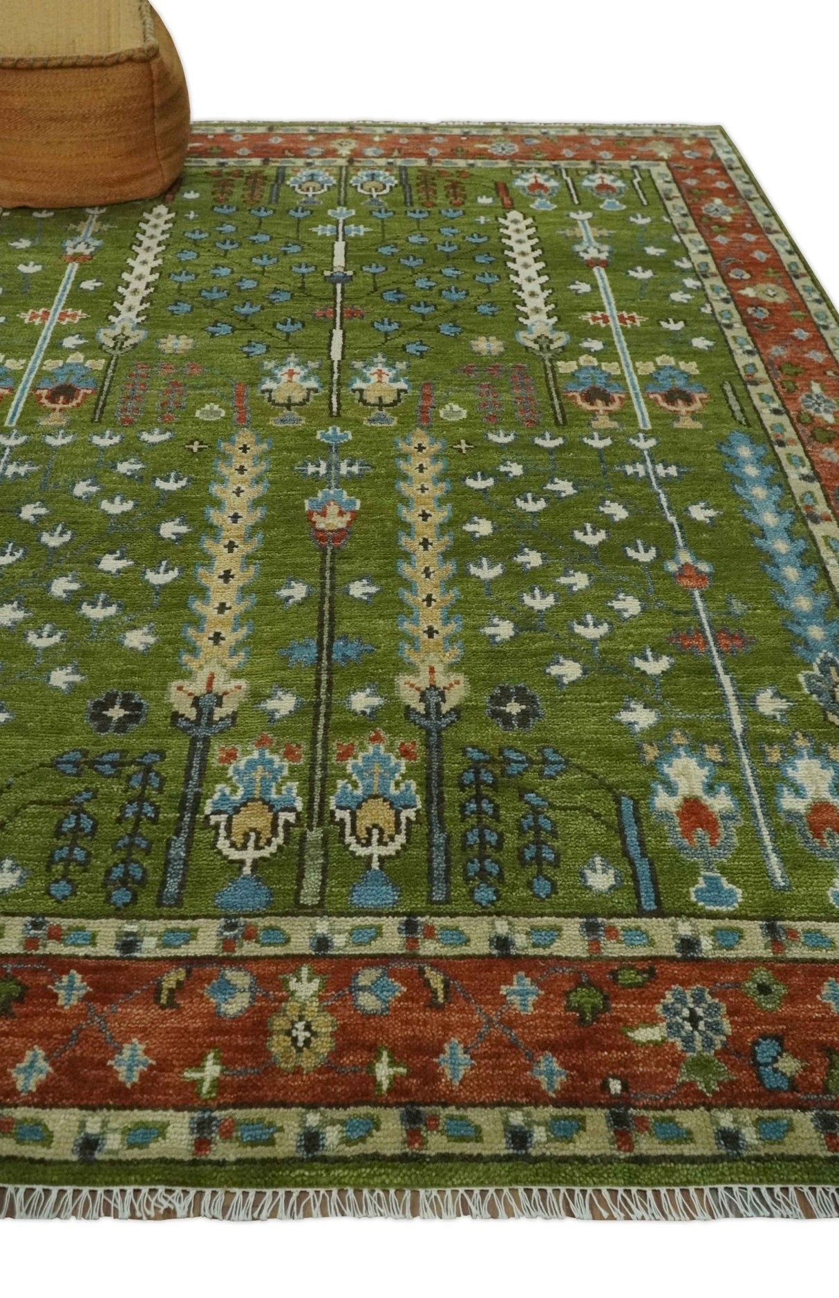Tree of life Green and Rust Traditional Hand knotted 8x10 wool Area Rug