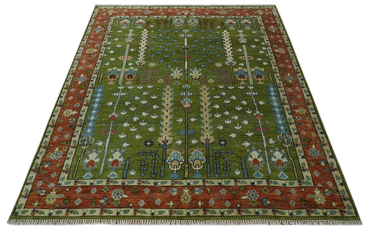 Tree of life Green and Rust Traditional Hand knotted 8x10 wool Area Rug