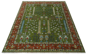 Tree of life Green and Rust Traditional Hand knotted 8x10 wool Area Rug