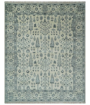 Tree of Life Hand Knotted Ivory and Charcoal Traditional Oushak 8x10 Wool Rug