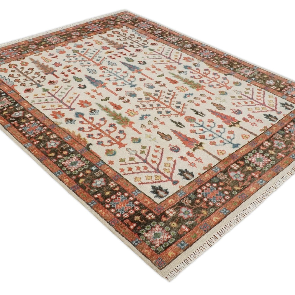 Tree of Life Hand Knotted Ivory, Brown and Rust Traditional Oushak Multi Size Wool Rug
