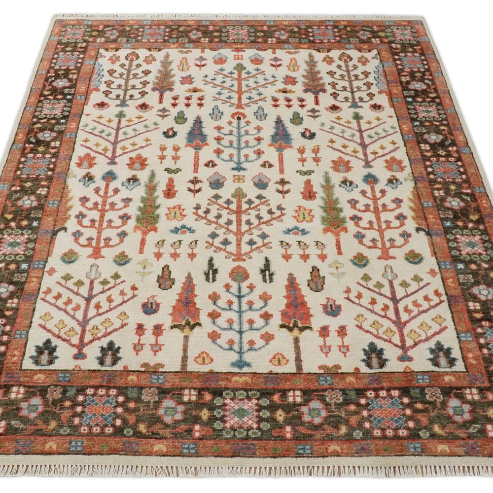 Tree of Life Hand Knotted Ivory, Brown and Rust Traditional Oushak Multi Size Wool Rug