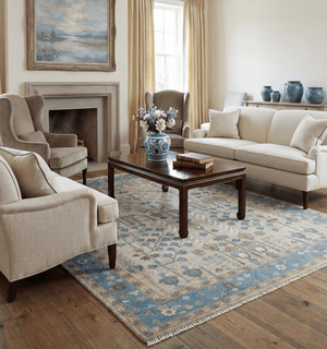 Tree of life Hand Knotted Traditional Beige and Blue Vintage Style Custom Made Wool Area Rug