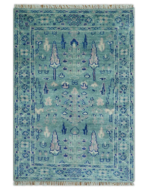 Tree of life Teal And Blue Hand knotted 4x6 Wool Area Rug