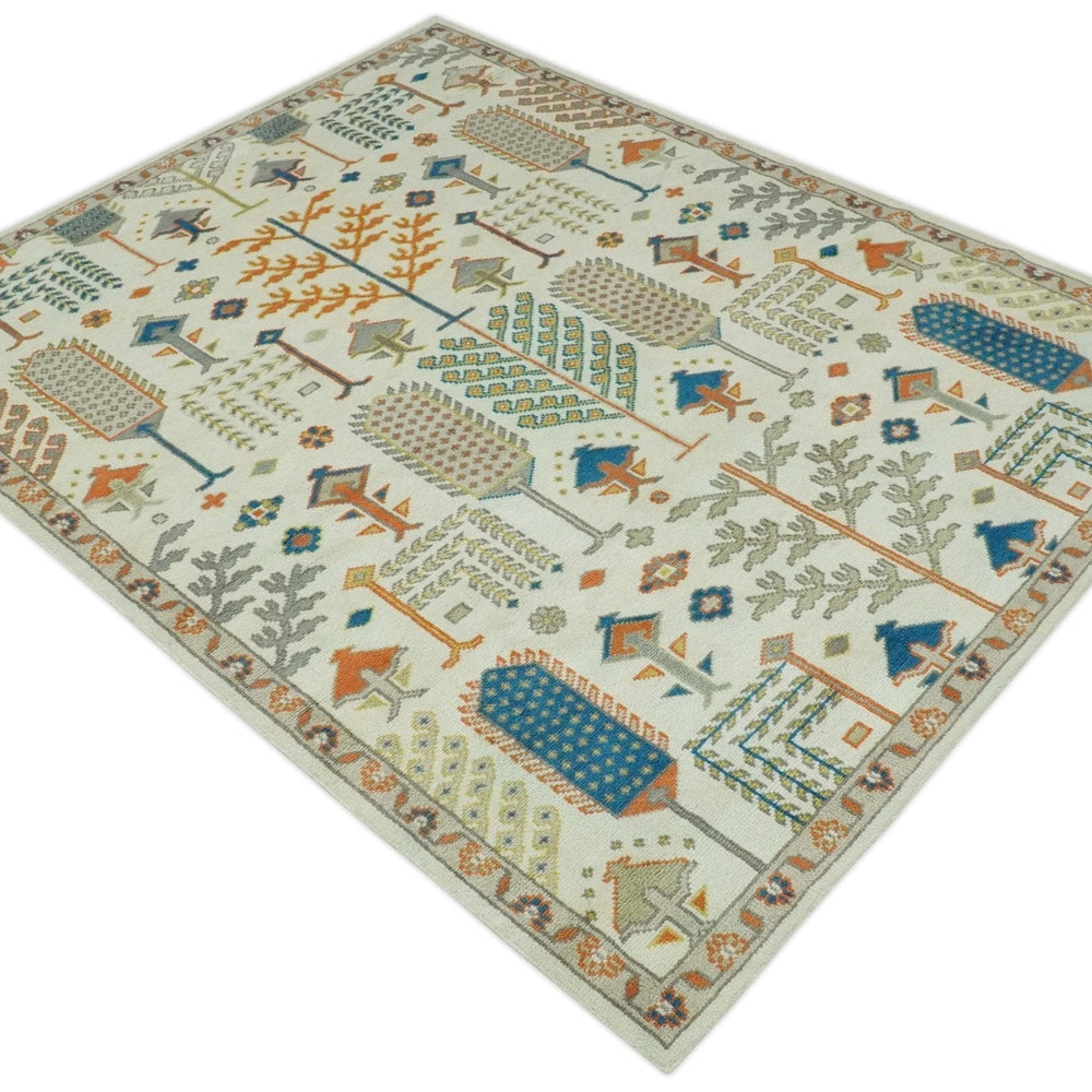 Tree of life Traditional Floral Ivory, Blue and Rust Hand Knotted Multi Size Wool Area Rug