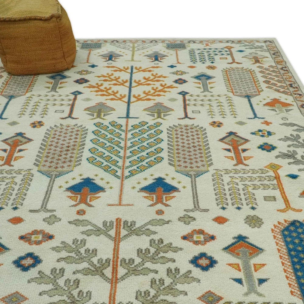 Tree of life Traditional Floral Ivory, Blue and Rust Hand Knotted Multi Size Wool Area Rug