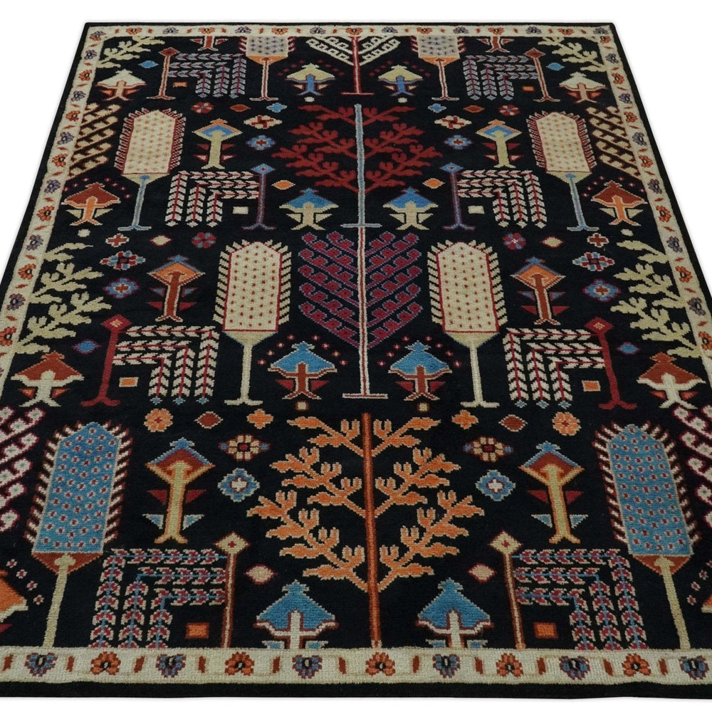 Tree of life Vibrant colorful Black, Beige, Peach and Blue Hand Knotted Traditional Oushak Custom Made wool area Rug