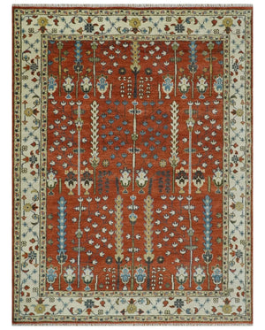 Tree Rug Hand Knotted Rust and Ivory 9x12 Traditional Turkish Design Wool Area Rug