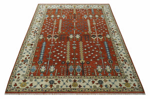 Tree Rug Hand Knotted Rust and Ivory 9x12 Traditional Turkish Design Wool Area Rug