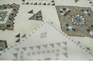 Tribal Design 8x10 Ivory and Brown Traditional Geometrical Pattern Hand Knotted Wool Area Rug