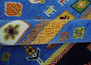 Tribal Gabbeh Blue, Black, Green and Rust Hand knotted Antique Look Traditional Wool Area Rug