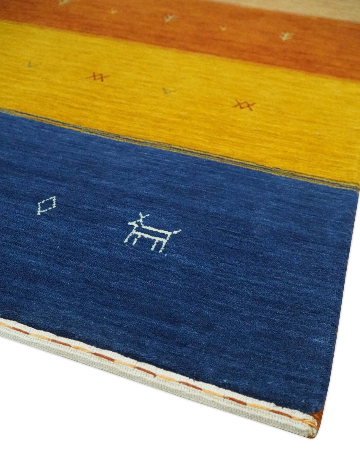 Tribal Gabbeh Blue, Brown, Gold and Rust 4.6x6.6 Stripes Design Wool area Rug