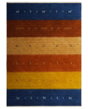 Tribal Gabbeh Blue, Brown, Gold and Rust 4.6x6.6 Stripes Design Wool area Rug