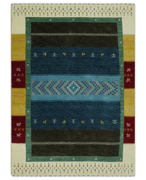 Tribal Gabbeh Blue, Gold, Maroon and Ivory Stripes design Traditional Wool Area Rug