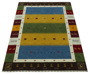 Tribal Gabbeh Green, Gold, Blue, Maroon and Ivory Stripes Design Traditional Hand loom 4.6x6.6 Wool Area Rug