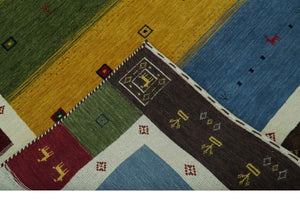 Tribal Gabbeh Green, Gold, Blue, Maroon and Ivory Stripes Design Traditional Hand loom 4.6x6.6 Wool Area Rug