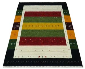 Tribal Gabbeh Green, Gold, Ivory, Maroon and Black Stripes design Traditional Hand loom 4.6x7 Wool Area Rug