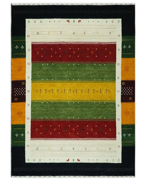 Tribal Gabbeh Green, Gold, Ivory, Maroon and Black Stripes design Traditional Hand loom Wool Area Rug