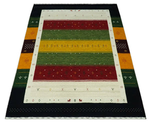Tribal Gabbeh Green, Gold, Ivory, Maroon and Black Stripes design Traditional Hand loom Wool Area Rug