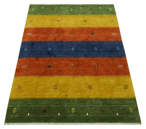 Tribal Gabbeh Green, Gold, Rust and Blue Stripes Design 4.6x7 Wool area Rug