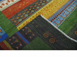 Tribal Gabbeh Green, Rust, Blue and Gold Hand knotted Antique Style Traditional Wool Area Rug