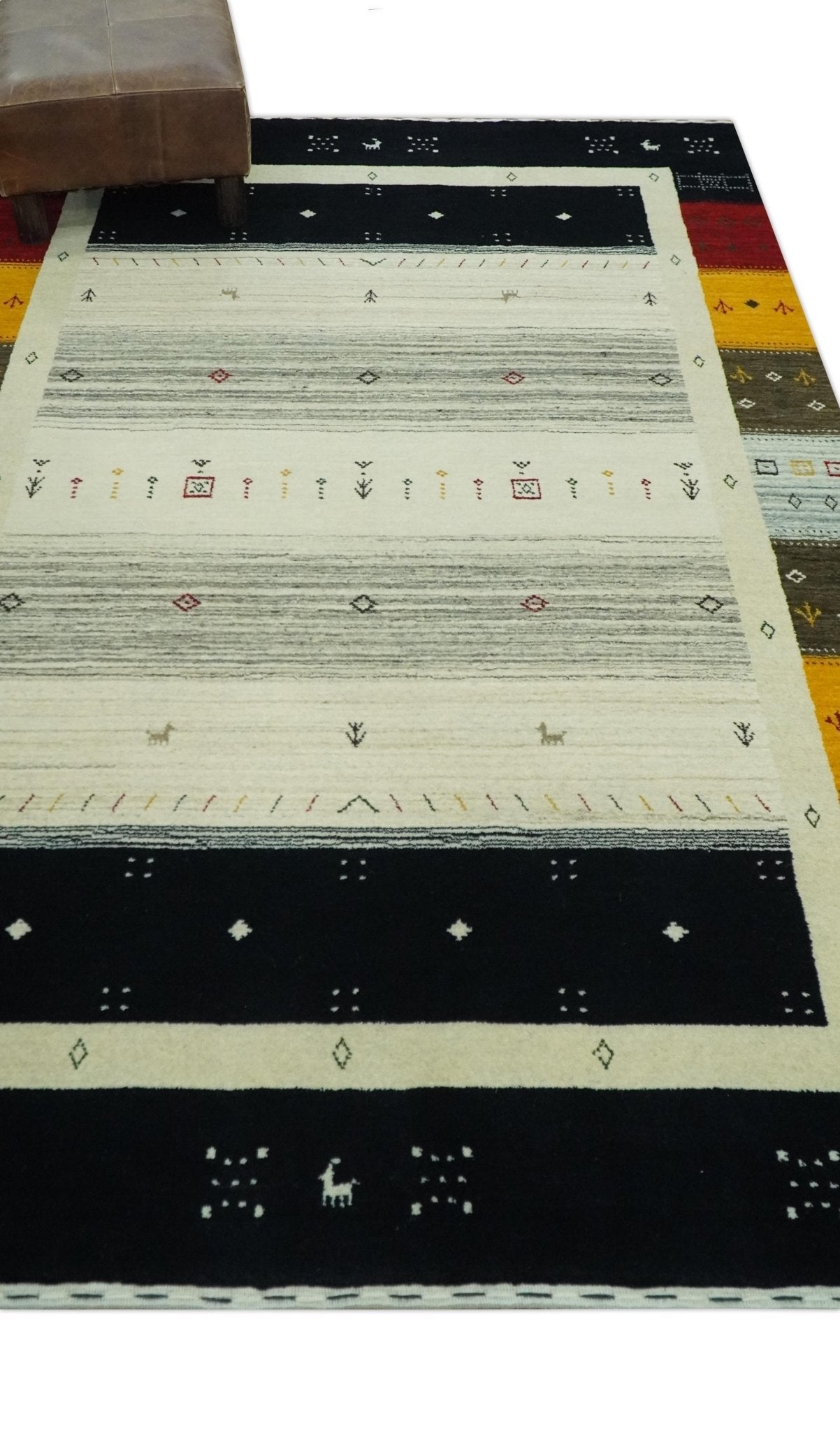 Tribal Gabbeh Ivory, Black, Gold and Maroon Stripes design Traditional Hand loom 4.6x7 Wool Area Rug