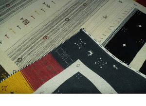 Tribal Gabbeh Ivory, Black, Gold and Maroon Stripes design Traditional Hand loom 4.6x7 Wool Area Rug
