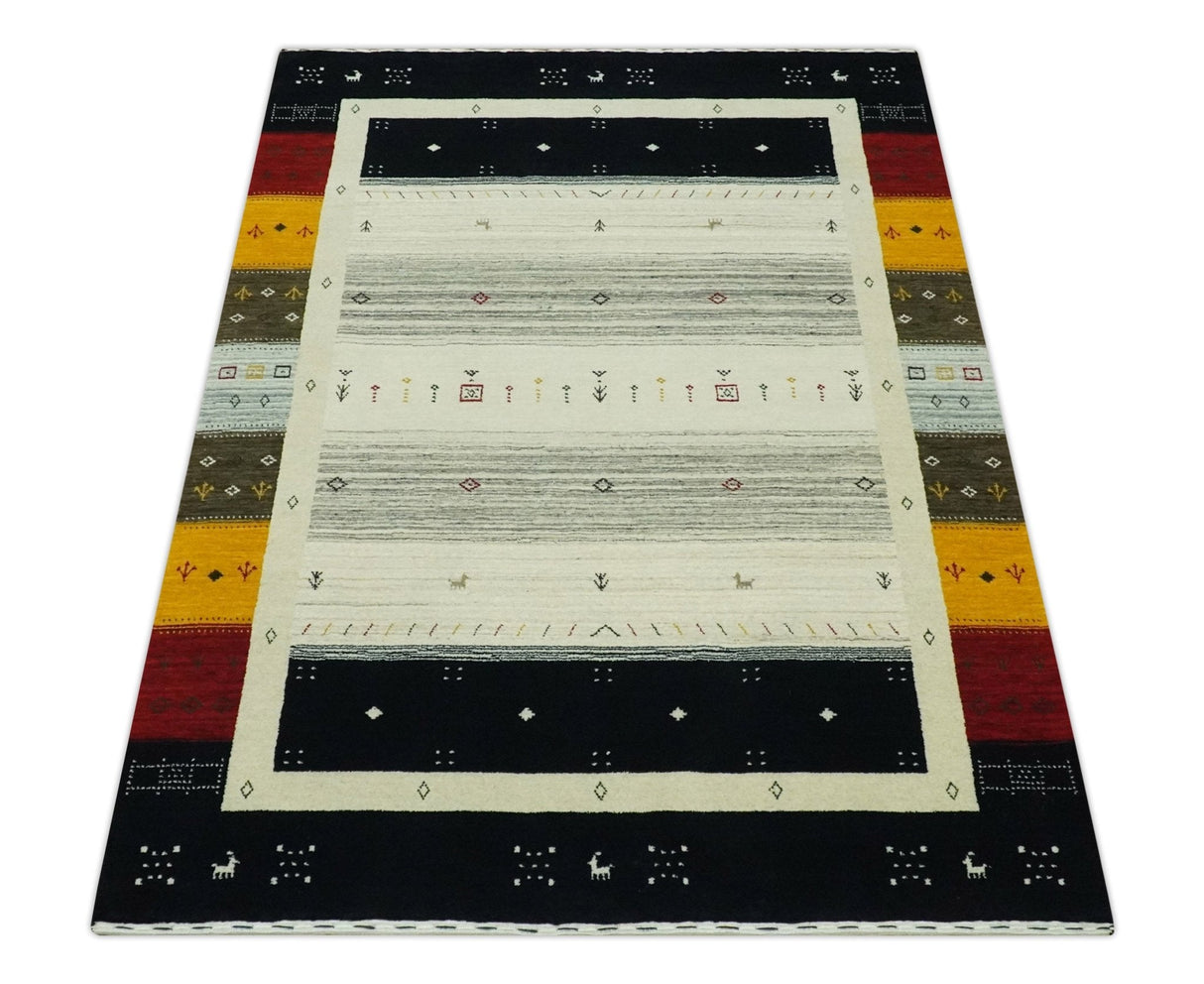 Tribal Gabbeh Ivory, Black, Gold and Maroon Stripes design Traditional Hand loom 4.6x7 Wool Area Rug