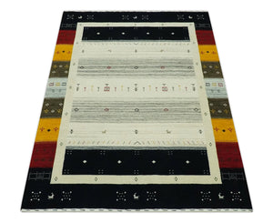 Tribal Gabbeh Ivory, Black, Gold and Maroon Stripes design Traditional Hand loom 4.6x7 Wool Area Rug