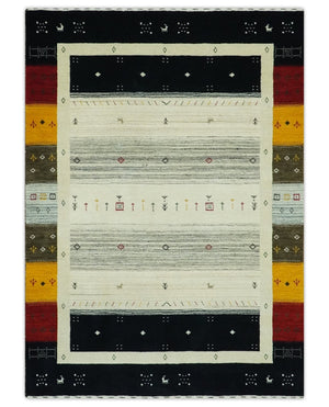 Tribal Gabbeh Ivory, Black, Gold and Maroon Stripes design Traditional Hand loom 4.6x7 Wool Area Rug