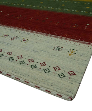 Tribal Gabbeh Ivory, Gold, Green and Maroon Geometrical Stripes Design 4.6x6.6 Hand loom wool area Rug