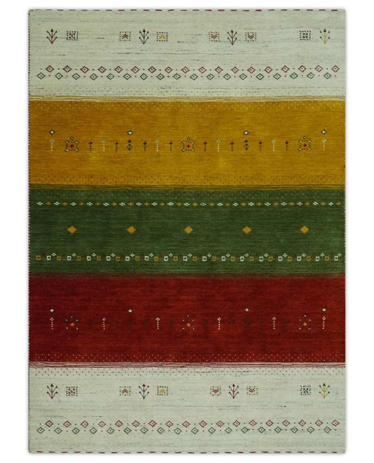 Tribal Gabbeh Ivory, Gold, Green and Maroon Geometrical Stripes Design 4.6x6.6 Hand loom wool area Rug