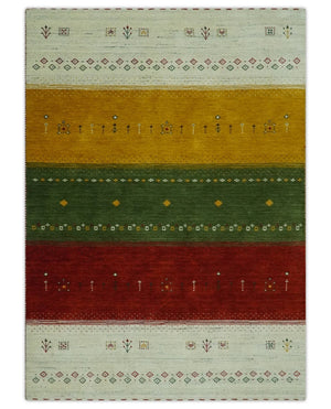 Tribal Gabbeh Ivory, Gold, Green and Maroon Geometrical Stripes Design 4.6x6.6 Hand loom wool area Rug