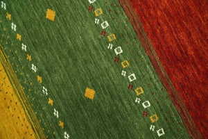 Tribal Gabbeh Ivory, Gold, Green and Maroon Geometrical Stripes Design 4.6x6.6 Hand loom wool area Rug