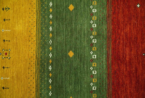 Tribal Gabbeh Ivory, Gold, Green and Maroon Geometrical Stripes Design 4.6x6.6 Hand loom wool area Rug