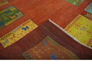 Tribal Gabbeh Rust, Green, Mustard and Aqua 8x10 Hand knotted Wool Area Rug