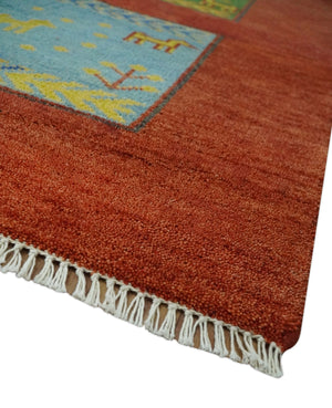 Tribal Gabbeh Rust, Green, Mustard and Aqua 8x10 Hand knotted Wool Area Rug