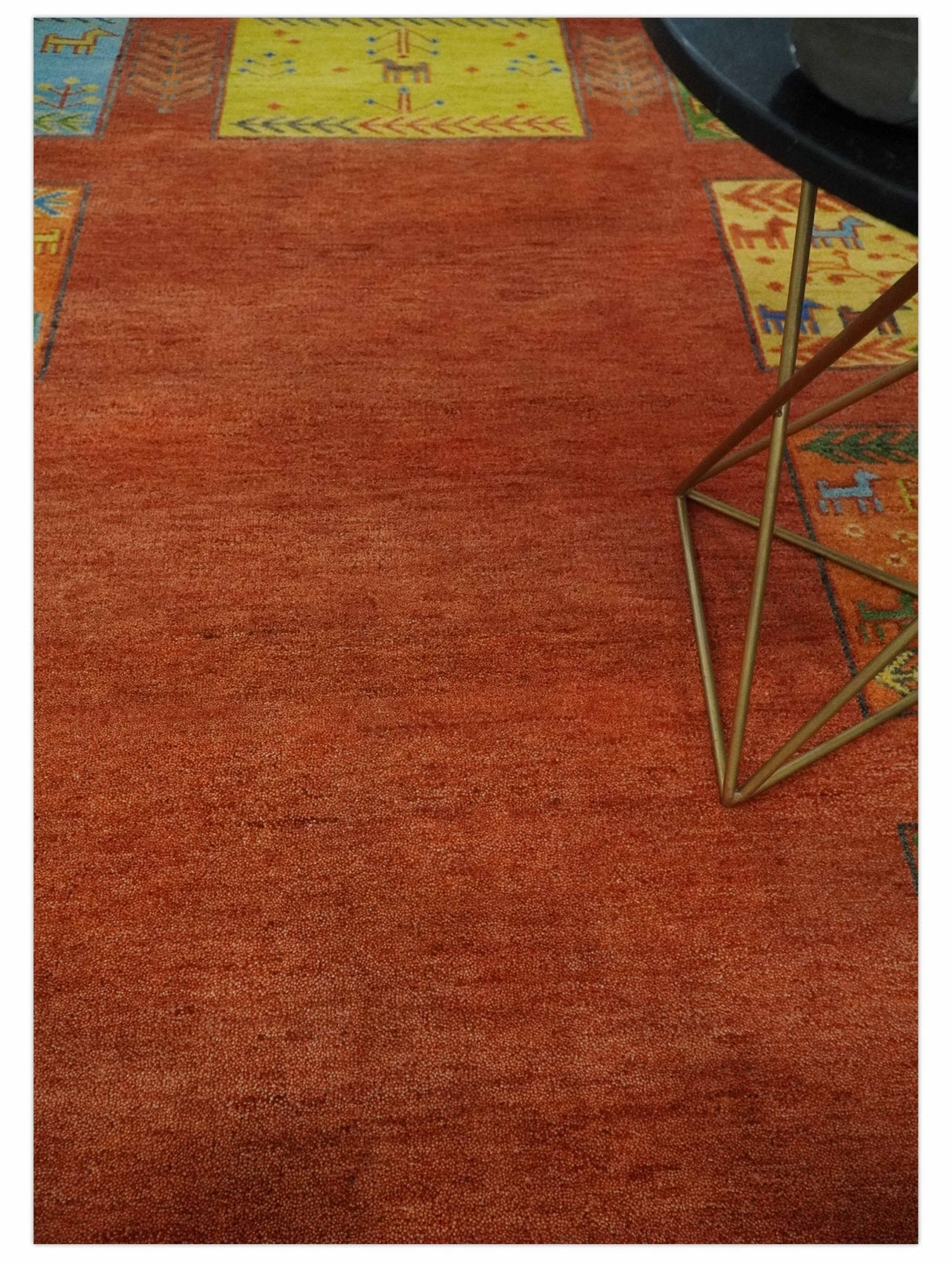 Tribal Gabbeh Rust, Green, Mustard and Aqua 8x10 Hand knotted Wool Area Rug