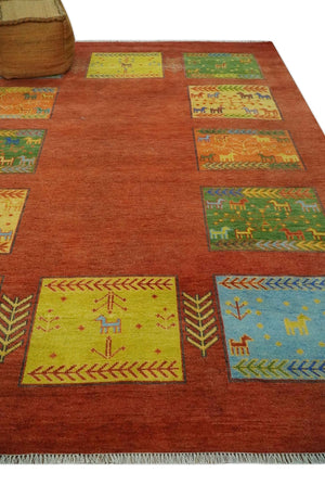 Tribal Gabbeh Rust, Green, Mustard and Aqua 8x10 Hand knotted Wool Area Rug