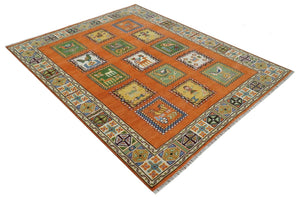 Tribal Gabbeh Rust, Ivory, Green and Beige 8x10 Hand knotted Antique Look Traditional Wool Area Rug