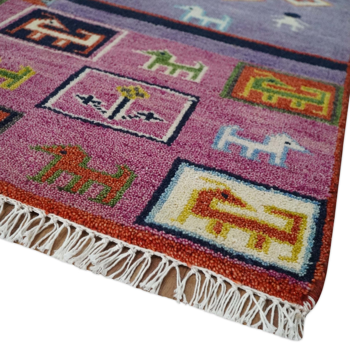 Tribal Gabbeh Rust, Ivory, Green and Pink Hand knotted 8x10 Antique Look Traditional Wool Area Rug