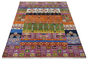 Tribal Gabbeh Rust, Ivory, Green and Pink Hand knotted 8x10 Antique Look Traditional Wool Area Rug