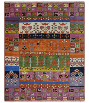 Tribal Gabbeh Rust, Ivory, Green and Pink Hand knotted Antique Look Traditional Wool Area Rug
