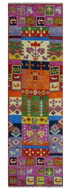 Tribal Gabbeh Rust, Ivory, Green and Pink Hand knotted Antique Look Traditional Wool Area Rug