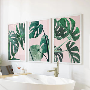 Pink Botanical 3 Piece Wall Art. Green Monstera Leaves Print