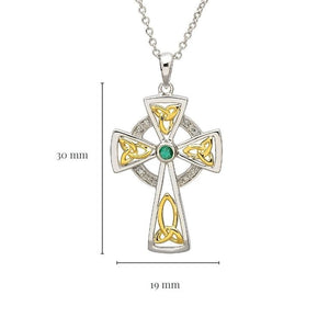 Trinity Knot Diamond And Emerald Silver Celtic Cross Pendant